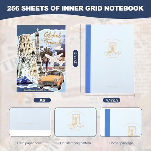 Auguro World Travel Scrapbook Kit A6 Grid Notebook Stationery Junk Journal Kit Scrapbooking Supplies Kit Craft DIY Gift for Adult Teen Girl - Image 5