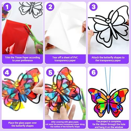 Lonfliness 32 Sets Butterfly Suncatcher Craft Kit DIY VBS Window Stain Glass Effect Paper Butterfly Sunday School Classroom Decors Spring Easter Art Craft Creative Activity Project Kid Gift Favor - Image 3