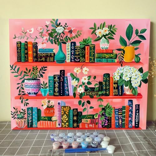 Bookshelf Book Theme Pink Library Paint by Numbers Kits for Adult Paint by Numbers Boho Painting Kits on Canvas with Brushes and Acrylic Pigment for Home Wall Decor Without Framed 16''W x 20''H by Aihonmin