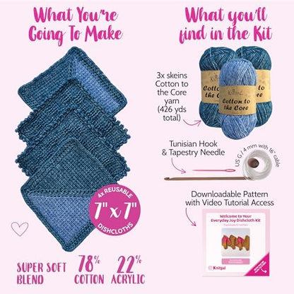 KnitPal Tunisian Crochet Dishcloth Kit for Beginners - Jean Blue + Sky Blue - Image 3