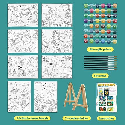 goldentime 8 Packs Predrawn Canvas for Painting Kids Painting Canvas for Kids Painting Kits for Kids 4-8, 48 Paints, 8 Brushes 2 Easels, 8 6x8 Printed Canvas to Paint for Girls Boys and Beginners - Image 2