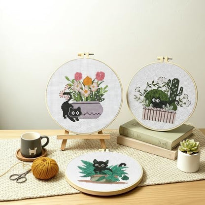 TCDZMYGS 3 Pack Stamped Cross Stitch Kits for Beginners-Plant Cat,with Hoop - Image 3