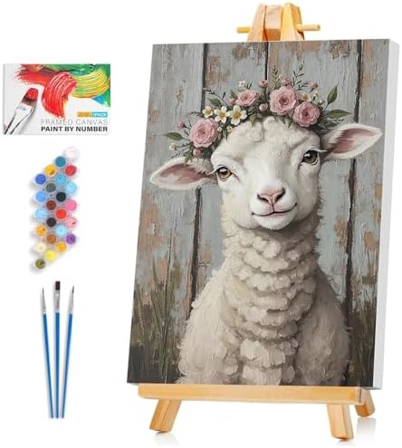 Framed Paint by Numbers Kit for Adults Beginner & Kids Ages 8-12, Lamb Paint by Numbers on Canvas with Frame, without Easel, DIY Number Painting for Adults Cute Animal for Home Decor Gift 8 x 12 Inch by Unknown