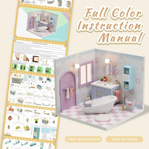 Kisoy Dollhouse Miniature with Furniture Kit, DIY 3D Wooden DIY House Kit A Corner of a Small Apartment Style with Dust Cover & LED,Handmade Tiny House Toys for Kids Adults Gift (Bathroom) - Image 5