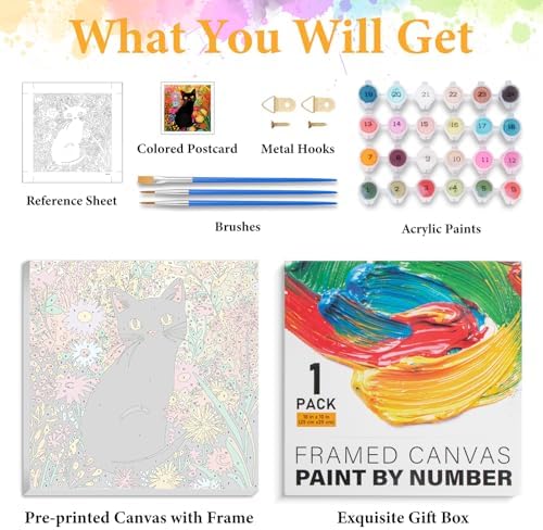 Framed Paint by Numbers Kit for Adults, Black Cat & Flower Decor 10x10 Inch - Image 5