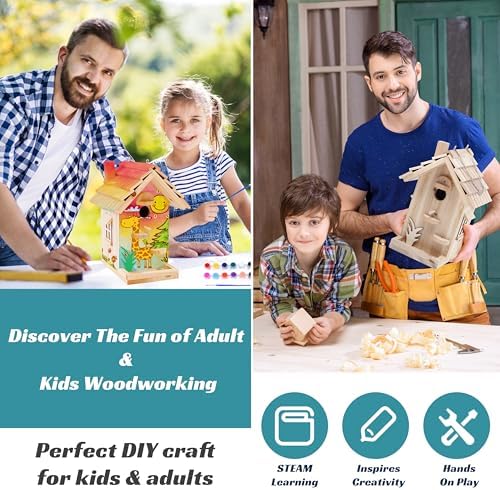 DIY Birdhouse Building Kit for Adults, Wooden Bird Houses to Paint for Kids, Outdoor Woodworking Kits Adult Crafts for Outside(Wood, 6.5in) - Image 3