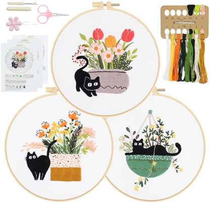 Embroidery Kit for Beginners, Adult Stamped Kits with Cat Floral Patterns by RidaaFri