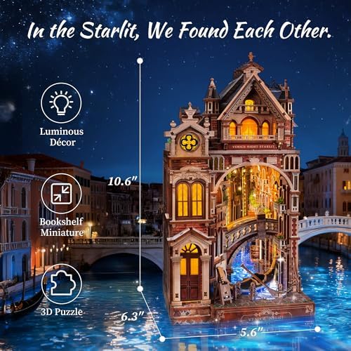 FUNPOLA Venice Night Starlit Book Nook Kit – LED 3D Wood Puzzle with Infinity Mirror – DIY Bookshelf Decor, Miniature Craft Gift for Adults - Image 2