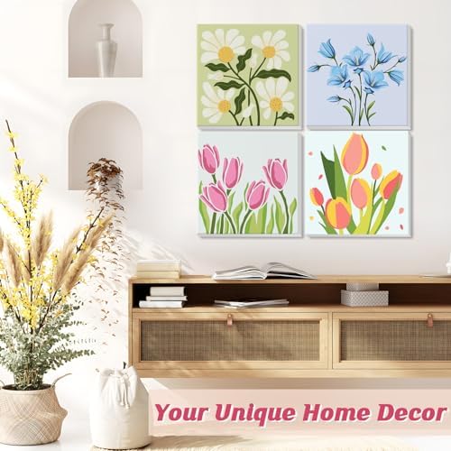 Flowers Paint by Number for Adults Beginners and Kids, 4 Pack DIY Adult Paint by Number Kits on Canvas Framed, Color by Numbers Acrylic Oil Painting Number Kits Crafts for Home Wall Decor 8x8inch - Image 2