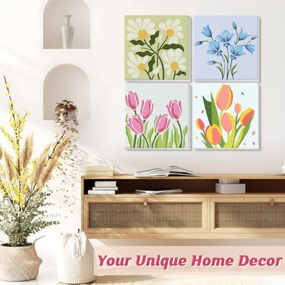 Flowers Paint by Number for Adults Beginners and Kids, 4 Pack DIY Adult Paint by Number Kits on Canvas Framed, Color by Numbers Acrylic Oil Painting Number Kits Crafts for Home Wall Decor 8x8inch - Image 2