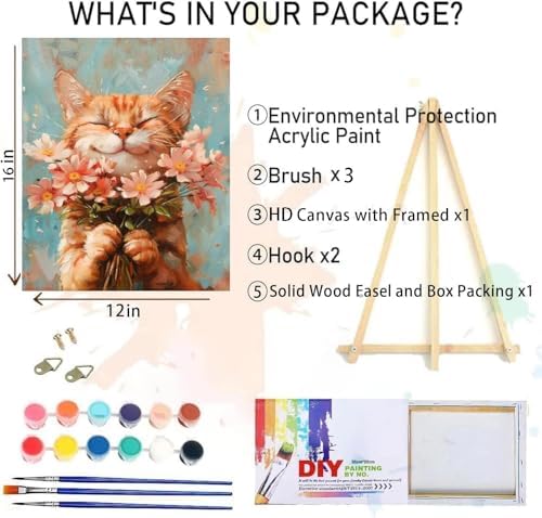 Cat Paint by Numbers Kit for Adults with Framed Canvas&Wooden Easel, DIY Acrylic Paint by Numbers Kits on Canvas, Cat with Flower Drawing Paintwork Arts and Crafts for Home Wall Decor 12x16inch - Image 4