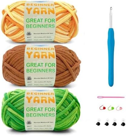3 * 50g/1.76oz Yarn for Crocheting and Knitting, 3 * 60yds Beginner Yarn with Easy-to-See Stitches; Worsted-Weight Medium #4;Amigurumi-Friendly Crochet Kit(Water Melon+Coffee+Sunflower) by SIXLAMB