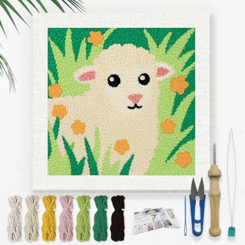 DOODLREAM Lamb Grass DIY Punch Needle Embroidery Kit for Adult Beginner, 9.4" Sheep Flowers Animal Punch Stitching Craft Set for Starter with Frame, Fabric Pattern, Threader, Yarn, Pinch Needle by Doodlream