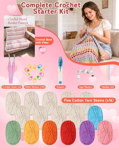 Arborthread Crochet Blanket Kit for Beginner, Nostalgic Rainbow Heart - Image 6