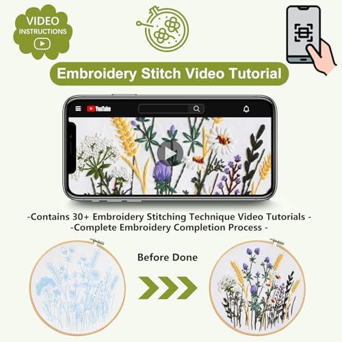 Santune 3 Pack Embroidery Kit for Beginners, Needlepoint Cross Stitch Kits for Adults,Needle Point Sets with Stamped Wild Flower Pattern Stitch Video Tutorial - Image 3