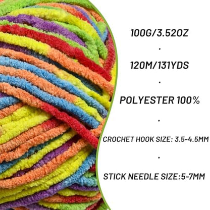 3 Packs Plush Chenille Chunky Crochet Yarn - Baby Yarn for Crocheting Soft - Velvet Yarns Knitting for Blankets Crafts - Fluffy Amigurumi Yarns 300g / 393yd (3 Rainbow) - Image 2