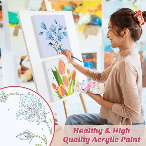 Flowers Paint by Number for Adults Beginners and Kids, 4 Pack DIY Adult Paint by Number Kits on Canvas Framed, Color by Numbers Acrylic Oil Painting Number Kits Crafts for Home Wall Decor 8x8inch - Image 5