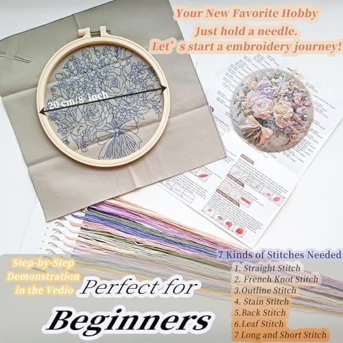 FONNUY Bouquet Flowers Embroidery Kit for Beginners, Pre-Stamped Pattern Kits for Adults with Hoop, Easy to Follow Color Thread Needlework, 8'' Hoop (Timeless Elegance) - Image 5