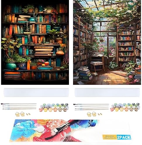 Ycydilirab 2 Pack Bookshelf Paint by Number Adult(with Gifts Box)-Paint by Number Canvas for Adults Bookshelf,Painting by Numbers Kit on Canvas Perfect for Gifts Home Wall Decor(40x50cm) by Ycydilirab