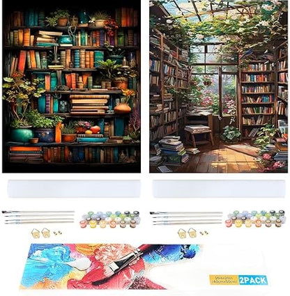 Ycydilirab 2 Pack Bookshelf Paint by Number Adult(with Gifts Box)-Paint by Number Canvas for Adults Bookshelf,Painting by Numbers Kit on Canvas Perfect for Gifts Home Wall Decor(40x50cm) by Ycydilirab
