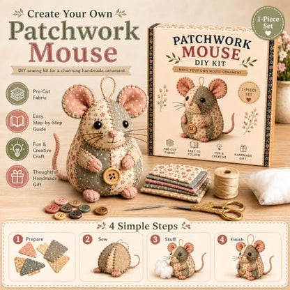 Patchwork Mouse DIY Kit, Handmade Sewing Craft Set,Cute Mouse Ornament DIY Kit,with Floral Fabric, Stuffing, Buttons, for Adults, Beginners,Gift for Birthdays, Holidays (D) - Image 7