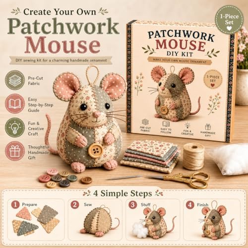 Patchwork Mouse DIY Kit, Handmade Sewing Craft Set,Cute Mouse Ornament DIY Kit,with Floral Fabric, Stuffing, Buttons, for Adults, Beginners,Gift for Birthdays, Holidays (C) - Image 7
