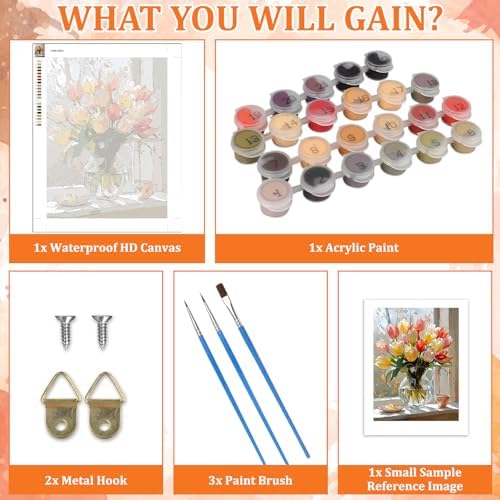 MAXBYE Flower Paint by Numbers Kit for Adults, Tulips Paint by Numbers Kits for Beginner, DIY Acrylic Color by Number on Canvas for Home Wall Decor Gift 12X16 Inch - Image 6
