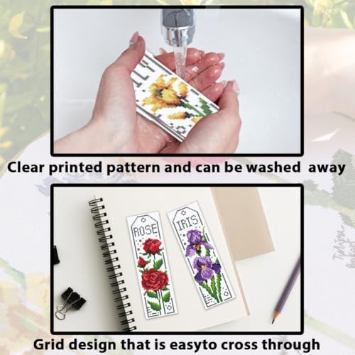ACRNIGHEET 6PCS Cross Stitch Bookmark Kits for Beginner Flower Crossstitch Kits Adult Rose Daisy Lily Stamped Embroidery Bookmarks with Accessories for Adults Craft Gift 11CT - Image 3