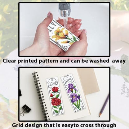 ACRNIGHEET 6PCS Cross Stitch Bookmark Kits for Beginner Flower Crossstitch Kits Adult Rose Daisy Lily Stamped Embroidery Bookmarks with Accessories for Adults Craft Gift 11CT - Image 3