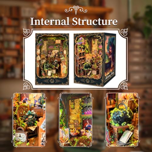DIY Book Nook Kit for Adults and Teens 3D Wooden Puzzle Miniature Tiny House Dollhouse Kit Bookshelf Booknook Bookcase Model Build Gift Kit Decor with LED Light-Alchemy Diary(SQ-43) - Image 5