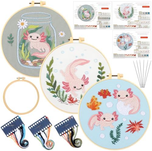 Mindsoft 3 Set Needlepoint Kit for Beginners with Hoop,Axolotl by Mindsoft