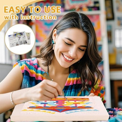 Doodlream Color Carousel Horses Needle Kit for Beginner, 9.4"x 9.4" Amusement Park Punch Stitching Craft Set, DIY Embroidery Starter with Printed Frame, Instruction, Threader, Yarn, Pinch Needle - Image 3