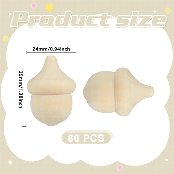 60PCS Unfinished Wooden Acorns Crafts 1" DIY Natural Wood Acorns Bulk Wooden Acorn Ornaments for Thanksgiving Christmas Fall Craft Supplies Party Home Decor Arts Crafts Projects