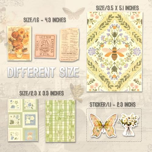 OKUPAN Scrapbook Supplies Kit – 100PCS Vintage Cottagecore Floral Scrapbook Paper & Stickers, 4 Sizes Pastoral Scrapbooking Supplies for Journaling, Card Making & DIY Gifts (Green) - Image 6