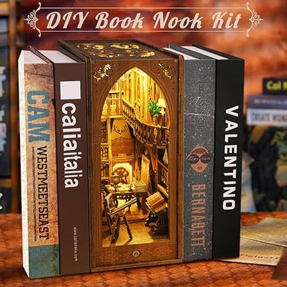 Book Nook Kit, MOJINO DIY Miniature 3D Puzzle Wooden Bookends Doll House with LED Lights for Bookshelf Decor, Tiny Miniverse Model House Art Craft for Adults Gril Halloween Christmas Decoration Gift - Image 2