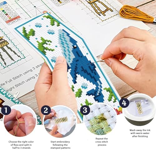 ORIGACH 6 Set Marine Animals Cross Stitch Bookmark Kit for Beginner with Backing Felt Floss Instructions DIY Stamped Embroidery Bookmark Kit for Adults, Book Lovers - Image 4