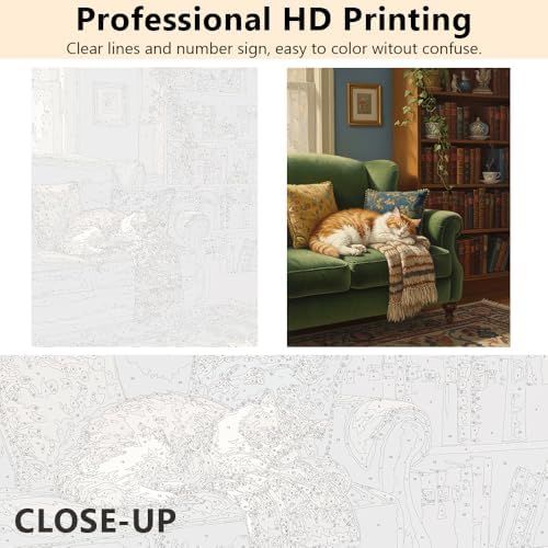 TUMOVO Adults Paint by Numbers Kit Cozy Sleeping Cat on Green Couch Paint by Numbers for Beginners Relaxing Home Interior Scene with Bookshelf DIY Canvas Art Acrylic Paints and Brushes 16x20 Inch - Image 3