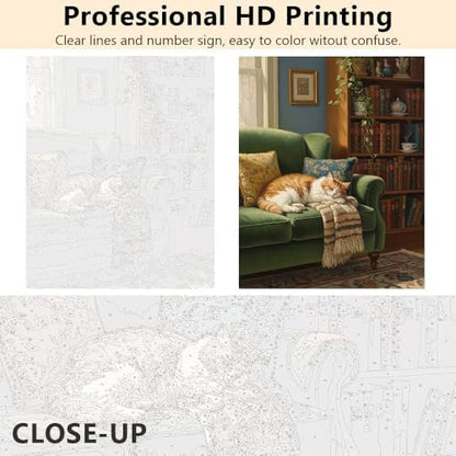 TUMOVO Adults Paint by Numbers Kit Cozy Sleeping Cat on Green Couch Paint by Numbers for Beginners Relaxing Home Interior Scene with Bookshelf DIY Canvas Art Acrylic Paints and Brushes 16x20 Inch - Image 3