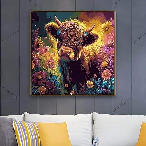 OJTOYART Highland Cattle Paint by Numbers Kit for Adults Beginners, Chrysanthemum Paint by Number Kits on Canvas, DIY Acrylic Oil Painting Kits for Home Wall Decor 16 x16 Inch - Image 3