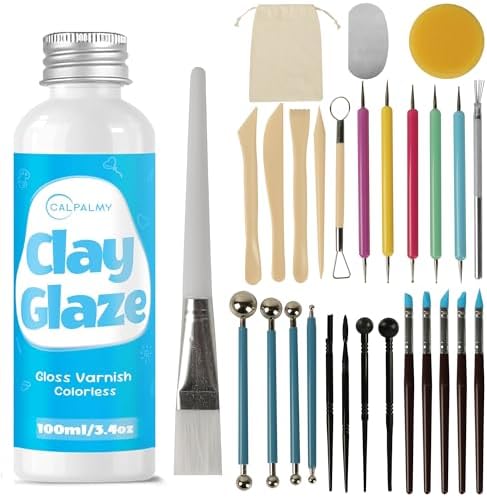 CALPALMY 100ml Air Dry Clay Glaze and 29pcs Clay Tools Kit, Gloss Varnish by CalPalmy