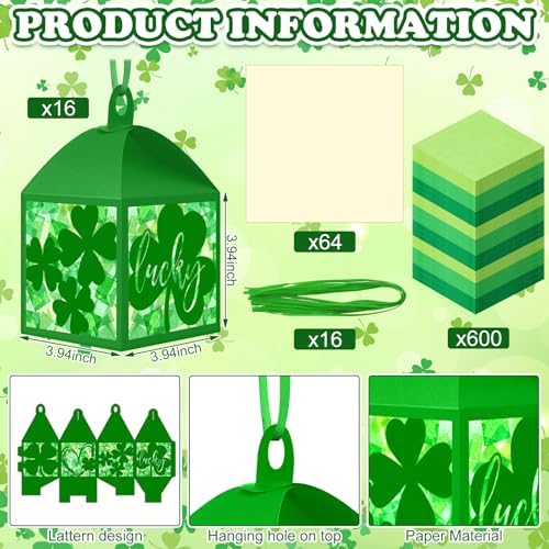 Maitys 16 Sets St. Patrick's Day Green Paper Lantern Suncatcher Craft Kits - Image 3