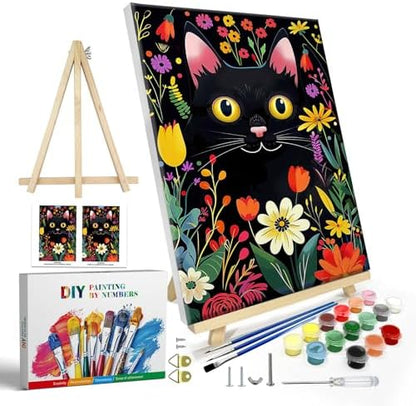 JOOZ Paint by Numbers Kit for Adults with Frame, Black Cat Paint by Number with Easel, DIY Flowers Oil Painting by Numbers Black Cat, Easy Adult Paint by Number Kits Canvas for Wall Decor 8x12 Inch by Jooz