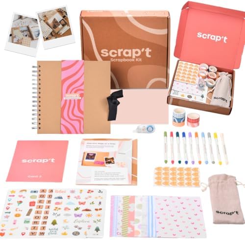 Scrapbook Kit - 80 Page Photo Album DIY Scrapbook - Holds 300+ Photos, with Metallic Pens, 150+ Stickers, Glue Pen, Washi Tapes, Backing Paper, Photo Corner Stickers (Starter Kit - 8 x 8 Inch, Kraft) by Scrapt