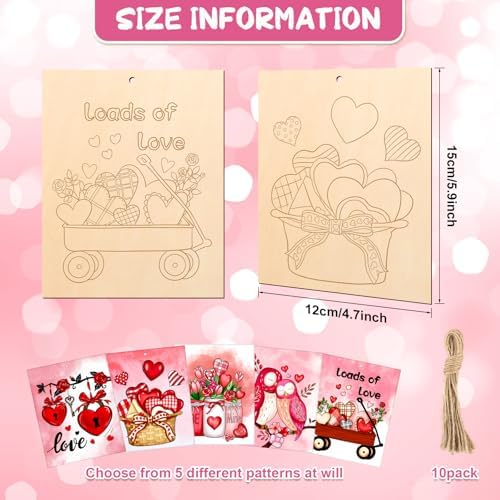 COCHIE 10 Pieces Large Valentines Day Unfinished Wood Crafts to Paint for Adults, Bulk Predrilled Wooden Ornaments for Painting, Heart Pattern Paintable Wood Slices Craft Supplies with Ropes - Image 2