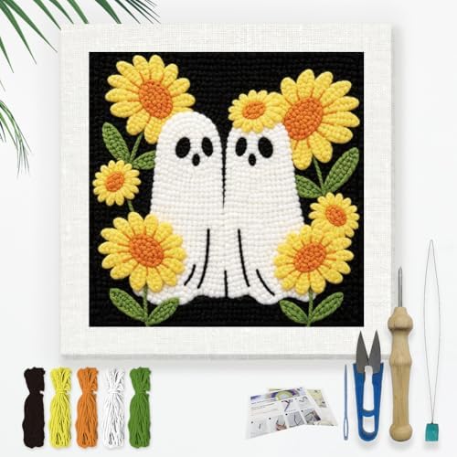 DOODLREAM Cute Ghost Needle Kit for Beginner, 9.4"x 9.4" Sunflower Punch Stitching Craft Set, DIY Embroidery Starter with Printed Frame, Instruction, Threader, Yarn, Punch Needle by Doodlream