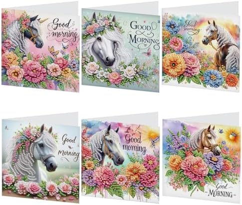 LazyFold 6Pcs DIY Diamond Art Painting Greeting Cards with Envelopes, White Horse All Occasion Note Card Kit for Women, Handmade Thank You Birthday Friendship Cards Gift by LazyFold