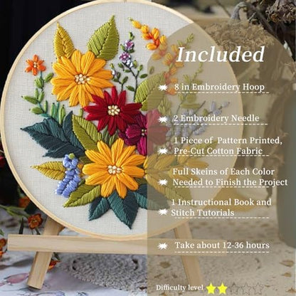 FONNUY Floral Embroidery Kit for Beginners, Colorful Flowers Pre-Stamped Pattern Kits for Adults with Hoop, Thread Needlework, 8'' Hoop (Zinnia) - Image 2