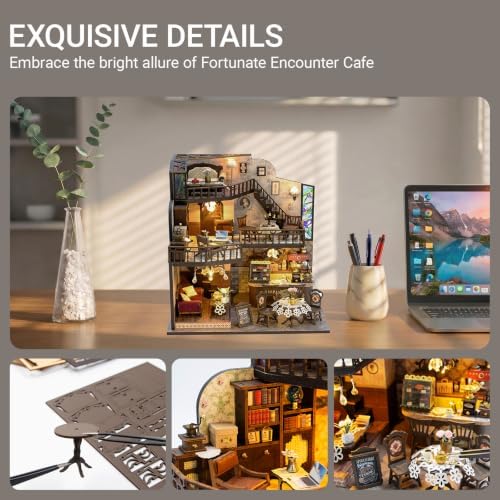DIY Miniature House Kit, Fairy Dollhouse for Adults to Build, Mini Home Building Kit with Wooden Furniture & LED Lights,Garden Detials, Gift for Family and Friends (Fortunate Encounter Café) - Image 4