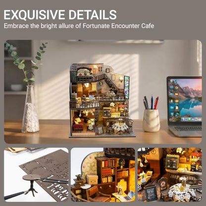 DIY Miniature House Kit, Fairy Dollhouse for Adults to Build, Mini Home Building Kit with Wooden Furniture & LED Lights,Garden Detials, Gift for Family and Friends (Fortunate Encounter Café) - Image 4