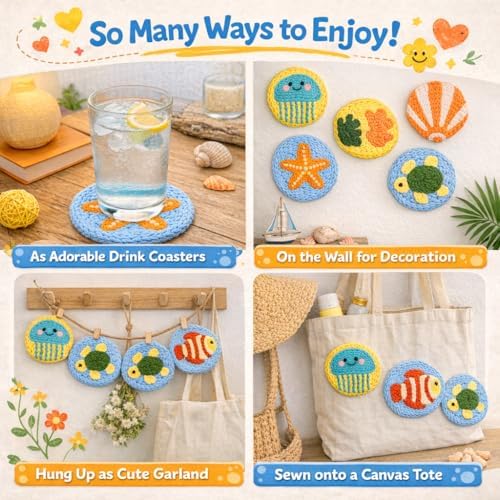 Punch Needle Coaster Kit for Adults Beginners, Easy Punch Embroidery Starter Set with Instructions – Fun Mug Rug Making Kit for Table Decor & Festival DIY Gifts (6pcs Marine Life) - Image 6